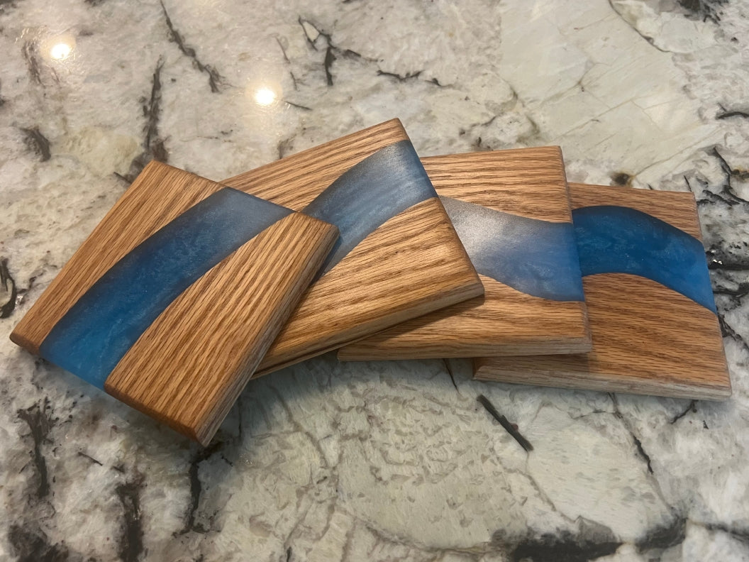 Red Oak Wood River Coasters - 4 piece set - 3 5/8" x 3 5/8"