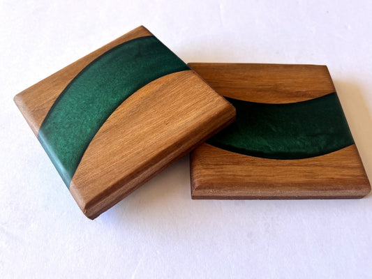 Oak Wood River Coasters with Sapphire Treasure Epoxy  - 2 piece set - 3 5/8" x 3 5/8"