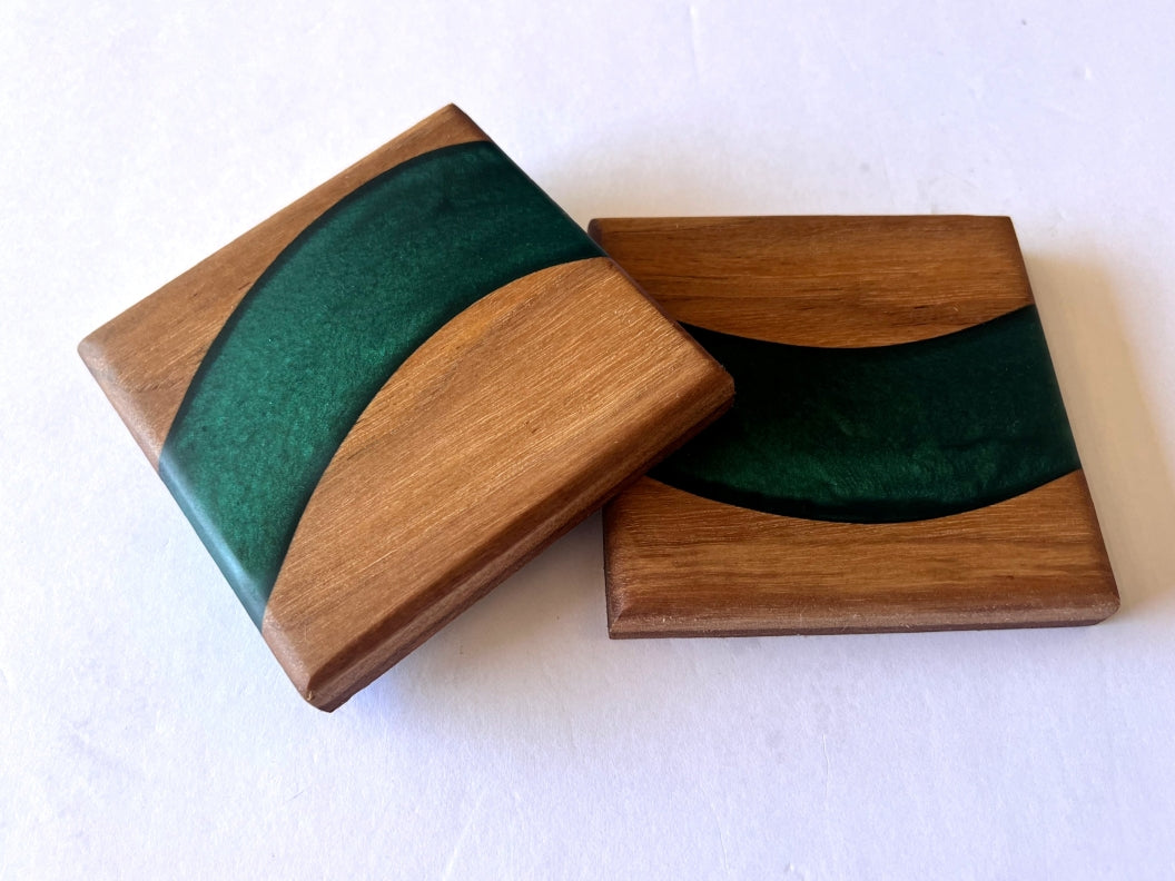 Oak Wood River Coasters with Sapphire Treasure Epoxy  - 2 piece set - 3 5/8" x 3 5/8"