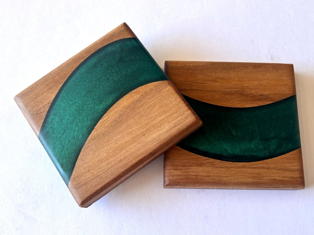 Oak Wood River Coasters with Sapphire Treasure Epoxy  - 2 piece set - 3 5/8" x 3 5/8"