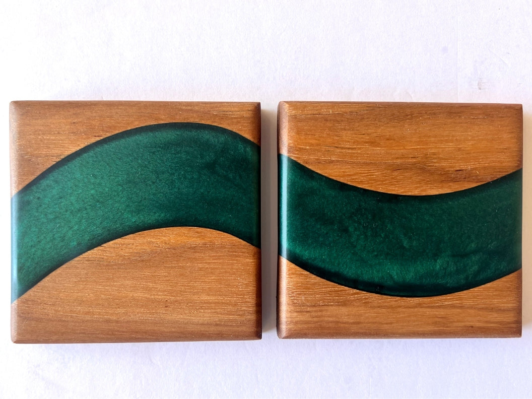 Oak Wood River Coasters with Sapphire Treasure Epoxy  - 2 piece set - 3 5/8" x 3 5/8"