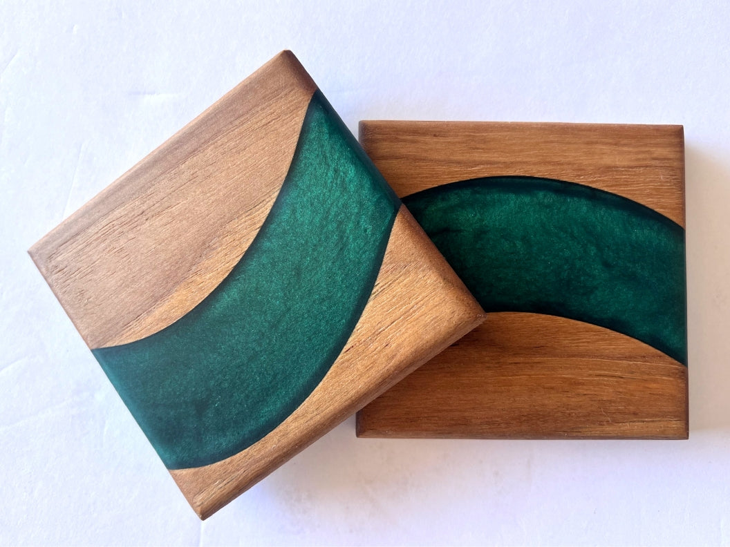 Oak Wood River Coasters with Sapphire Treasure Epoxy  - 2 piece set - 3 5/8" x 3 5/8"