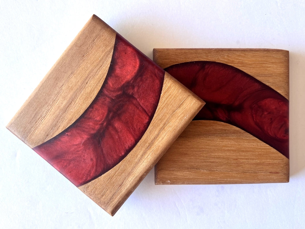 Oak Wood River Coasters with Wine Epoxy - 2 piece set - 3 5/8" x 3 5/8"