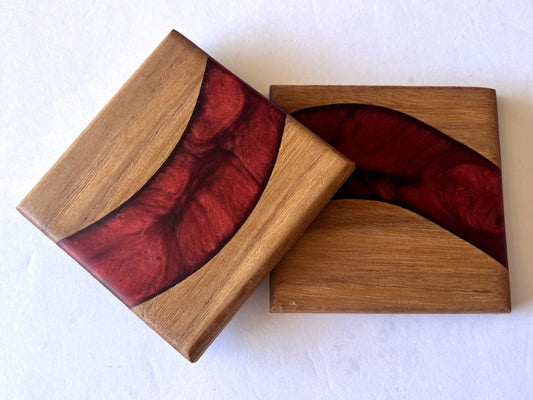 Oak Wood River Coasters with Wine Epoxy - 2 piece set - 3 5/8" x 3 5/8"