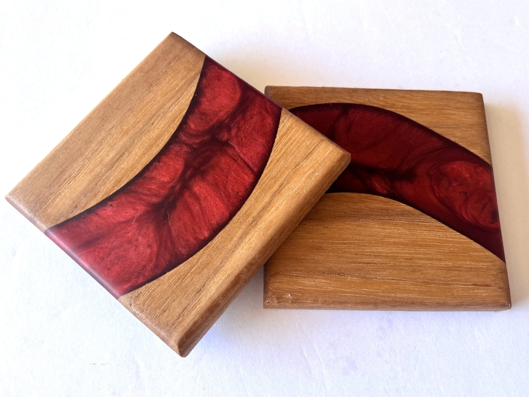 Oak Wood River Coasters with Wine Epoxy - 2 piece set - 3 5/8" x 3 5/8"