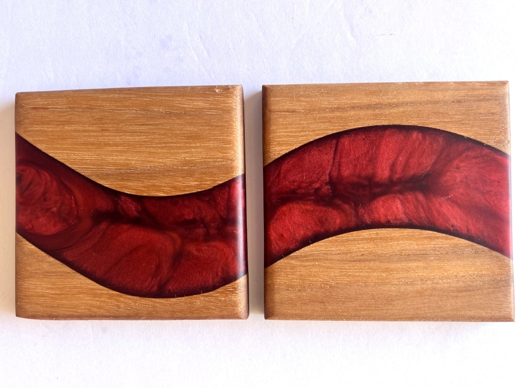 Oak Wood River Coasters with Wine Epoxy - 2 piece set - 3 5/8" x 3 5/8"