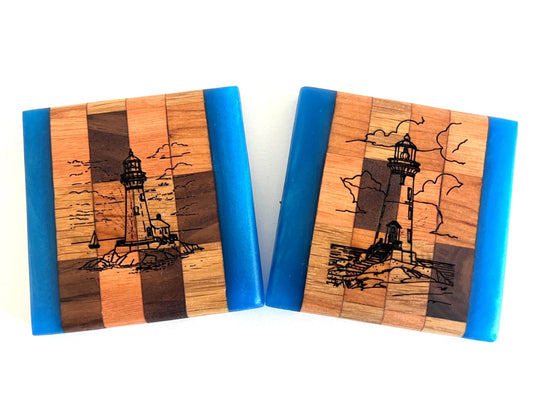 Chop Block River Coasters with Lighthouse Engraved and Sapphire Treasure Epoxy - 2 piece set - 3 5/8" x 3 5/8"