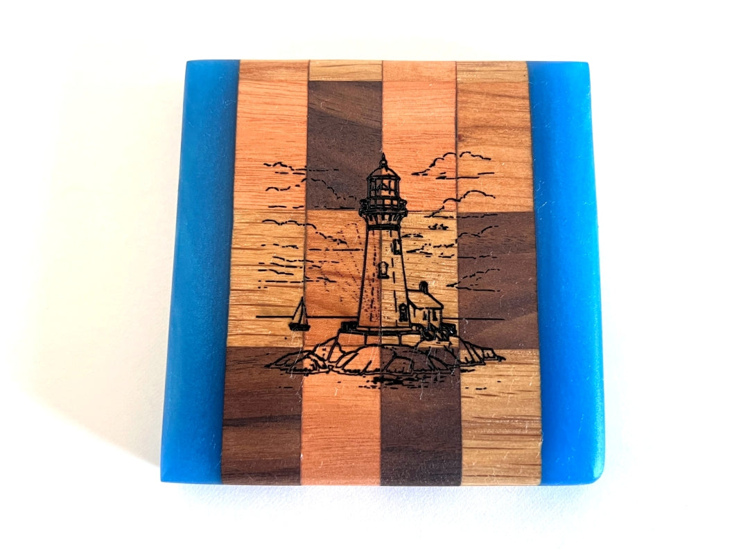 Chop Block River Coasters with Lighthouse Engraved and Sapphire Treasure Epoxy - 2 piece set - 3 5/8" x 3 5/8"