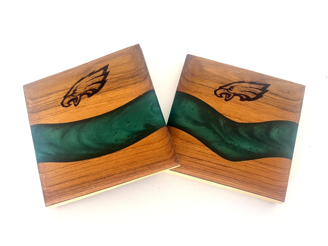 Teak Wood Coasters with Philadelphia Eagles - 3 5/8" x 3 5/8" - 2 piece set
