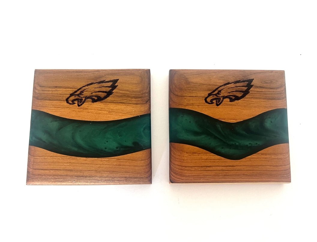 Teak Wood Coasters with Philadelphia Eagles - 3 5/8" x 3 5/8" - 2 piece set