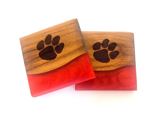 Teak Wood Coasters with Clemson Tiger Paw -  3 5/8" x 3 5/8" - 2 piece set