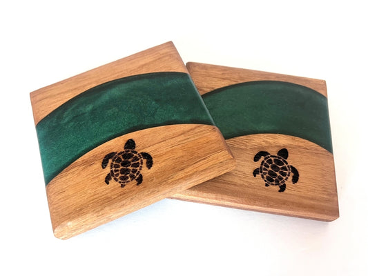 Teak Wood Coasters with Turtle Engraving - 3 5/8" x 3 5/8" - 2 piece set