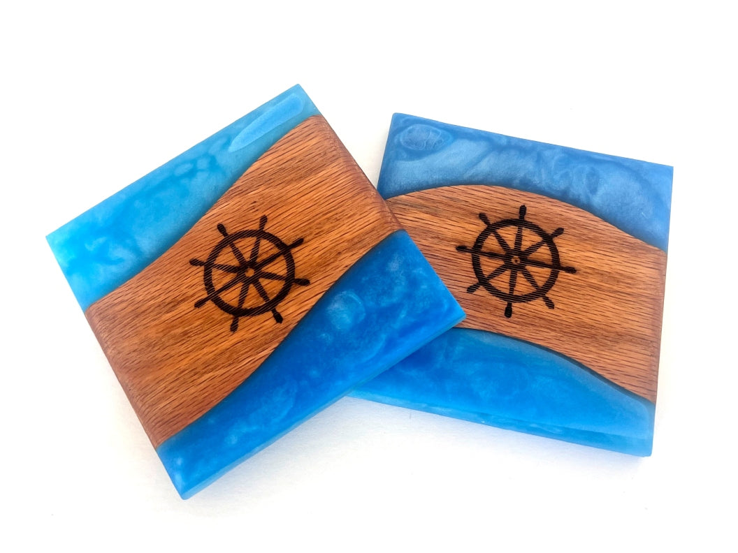 Red Oak Inverse Wood River Coasters with Ahoy Blue Epoxy - 2 piece set - 3 5/8" x 3 5/8"