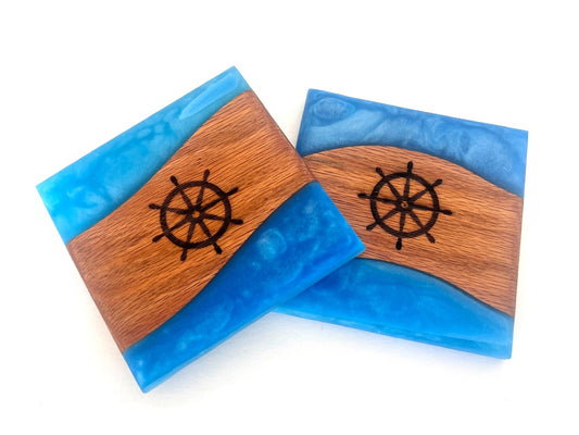 Red Oak Inverse Wood River Coasters with Ahoy Blue Epoxy - 2 piece set - 3 5/8" x 3 5/8"