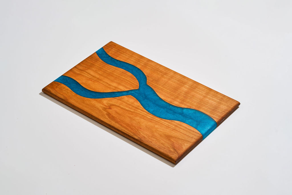 Cherry Wood Charcuterie/Serving Board with Pacific Turquoise Epoxy - 14" x 9"