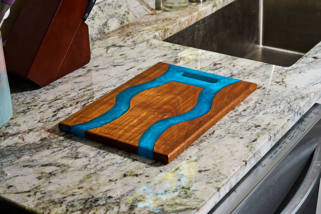 Cherry Wood Charcuterie/Serving Board with Pacific Blue Epoxy - 14" x 10"