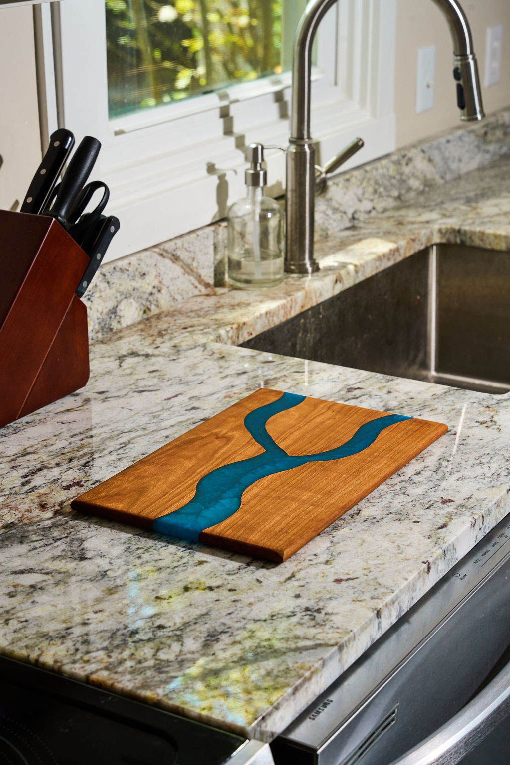 Cherry Wood Charcuterie/Serving Board with Pacific Turquoise Epoxy - 14" x 9"