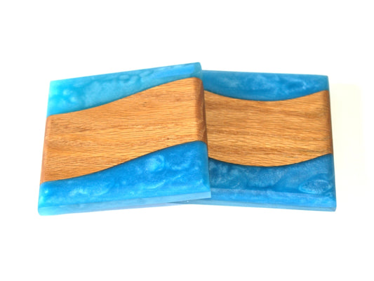 Red Oak Inverse Wood River Coasters with Ahoy Blue Epoxy - 2 piece set - 3 5/8" x 3 5/8"