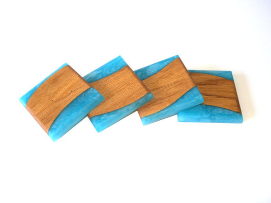 Red Oak Inverse Wood Coasters with Ahoy Blue Epoxy - 4 piece set - 3 5/8 x 3 5/8