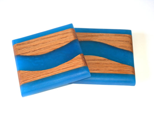Red Oak Wood River Coasters with Pacific Blue Epoxy - 2 piece set - 3 5/8" x 3 5/8"