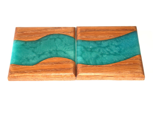 Red Oak Wood River Coasters with Blue Umbrella Epoxy - 2 piece set - 3 /5/8" x 3 5/8"