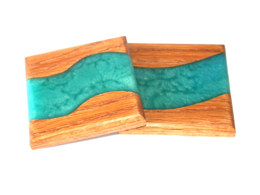 Red Oak Wood River Coasters with Blue Umbrella Epoxy - 2 piece set - 3 /5/8" x 3 5/8"